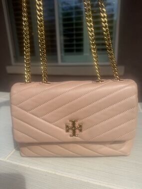 Tory Burch chevron kira Blush Quilted Leather Shoulder Bag with Gold Hardware.